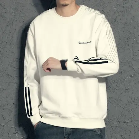 奕飏字母刺绣白色卫衣男圆领 男士加绒卫衣韩版潮春秋款 2019秋装图片