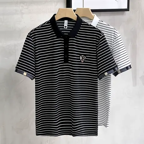 短袖t恤男2023夏装新款翻领POLO衫时尚潮牌韩版冰丝休闲条纹半袖商品大图