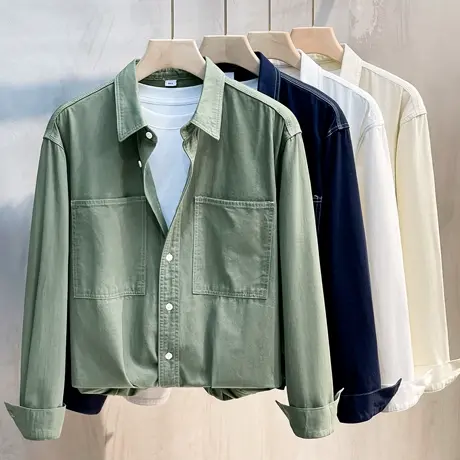 工装衬衫男长袖纯棉春秋季2023新款潮流夹克男士牛仔衬衣外套秋冬商品大图