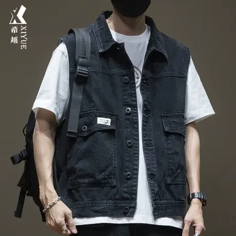 希越美式复古工装牛仔夹克男宽松大码秋冬男士痞帅无袖马甲外套潮商品大图