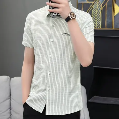 短袖条纹衬衫男士韩版夏季潮流帅气衬衣2022新款男装休闲百搭上衣商品大图