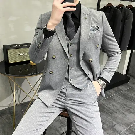 西服套装高端西装男套装商务休闲职业正装英伦风双排扣西服三件套商品大图