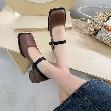 单鞋女夏季2023新款方头配裙子玛丽珍鞋浅口粗跟高跟鞋小众设计感图片