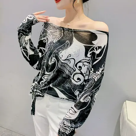 时尚冰丝空调防晒罩衫女长袖宽松显瘦上衣设计感复古印花网纱T恤图片