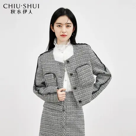秋水伊人法式方领小香风外套女2023秋新款小个子别致设计短款上衣图片