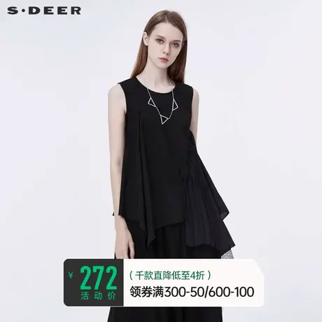 sdeer圣迪奥女装夏装休闲肌理网纱拼接黑色a字无袖衬衫S20280602商品大图