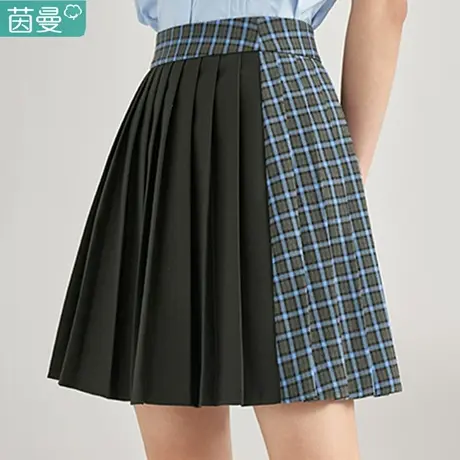 茵曼旗舰店双色拼接百褶半身裙女士2023夏季新款格子显瘦气质裙子图片