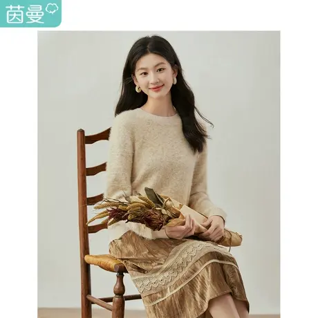 茵曼气质金线毛绒毛衣女2023年冬季新款优雅圆领宽松显瘦长袖上衣图片