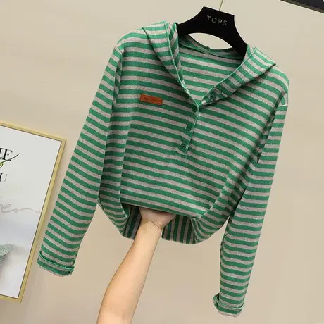 欧洲站2023春秋新款欧货条纹连帽T恤小衫女宽松洋气显瘦时尚卫衣商品大图