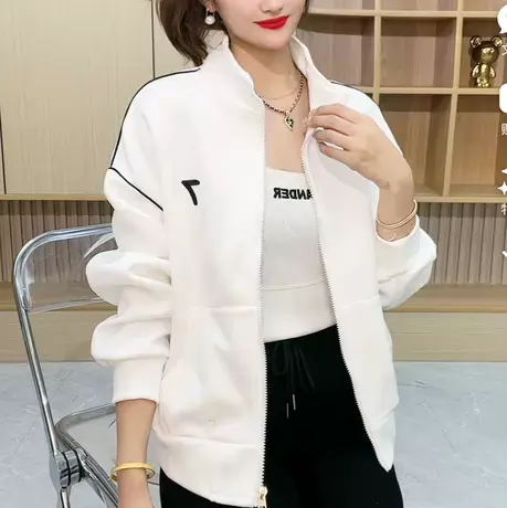 立领外套女士2023秋季新款韩版时尚棒球服纯色绣花百搭开衫上衣潮商品大图