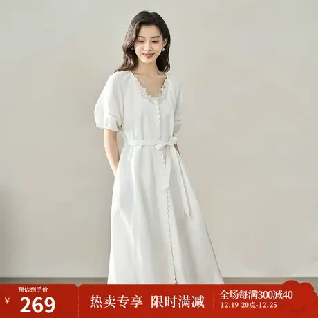 【商场同款】茵曼优雅连衣裙2023夏女装新款V领灯笼袖绣花裙子图片