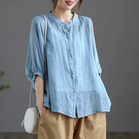 dza 文艺复古棉麻上衣女士短袖衬衫薄款宽松新款夏季短款苎麻衬衣商品大图
