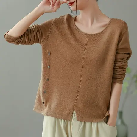 dza 复古圆领长袖毛衣女士春秋洋气内搭上衣宽松打底衫休闲针织衫图片