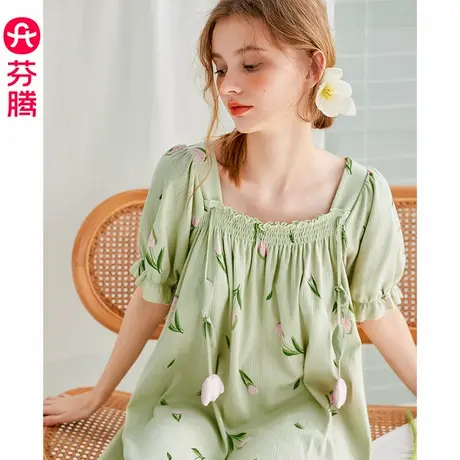 芬腾睡裙夏季女士纯棉薄款短袖睡衣裙清新休闲透气宽松家居服中裙图片