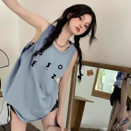 纯棉吊带坎肩背心无袖t恤女2024新款夏外穿美式复古宽松挂脖上衣图片