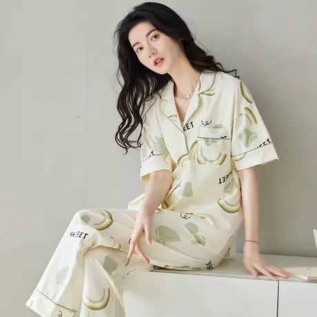 浪漫春天睡衣女纯棉开衫翻领短袖长裤家居服套装甜美可爱印花夏季商品大图