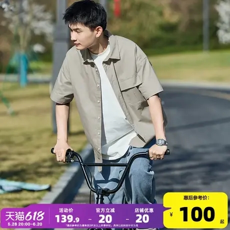 唐狮夏季新款工装短袖衬衫男翻领口袋外套文字印花美式衬衣宽松商品大图