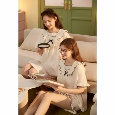 唐狮荷叶边简约短袖美少女简约可外穿家居服睡裙女夏季睡衣女方领商品大图