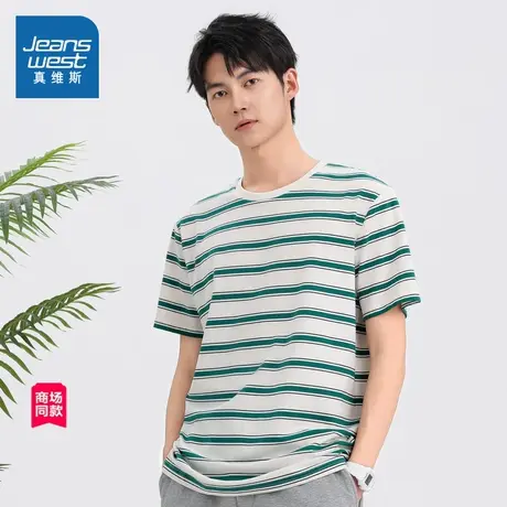 JW真维斯夏装男士短袖2025新款 美式条纹半袖上衣时尚圆领T恤男商品大图