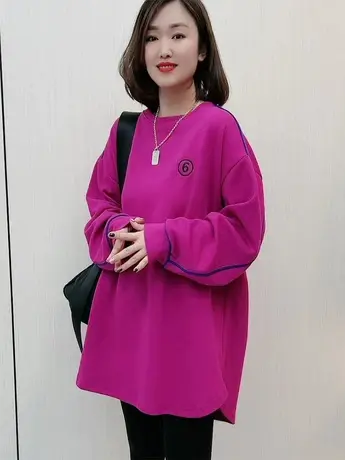 中长款卫衣女2023春秋新款韩版宽松休闲时尚百搭圆领外穿卫衣潮流商品大图