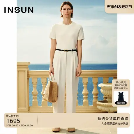 INSUN恩裳夏款褶裥高腰垂感直筒西装裤图片