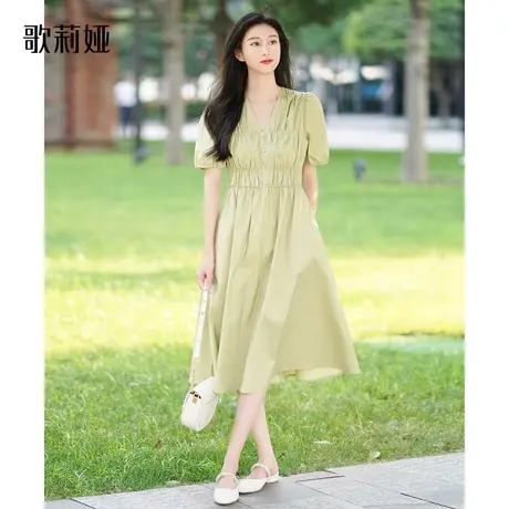 歌莉娅V领连衣裙女新款高级感泡泡袖气质清新长裙1A7R4K22A图片