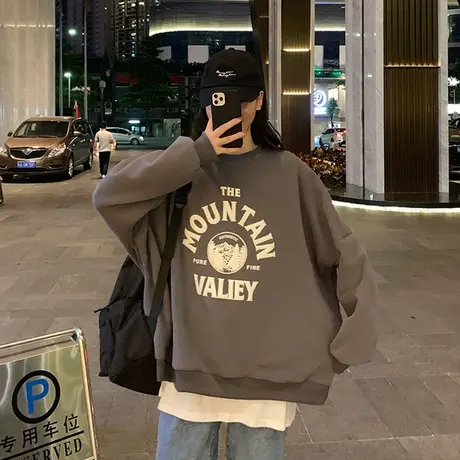 秋天灰色oversize圆领卫衣女2021新款宽松日系原宿风bf纯棉上衣图片