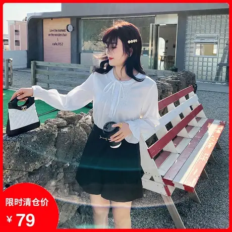 大码胖mm上衣女2023年秋新款法式蝴蝶结显瘦胖妹妹白色长袖雪纺衫商品大图