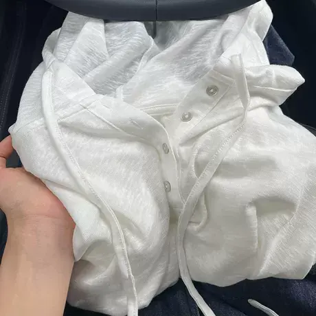 CHAO级！夏季薄款白色莱赛尔亚麻连帽抽绳套头防晒长袖罩衫商品大图