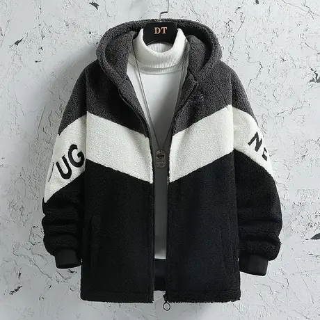 潮牌连帽休闲外套男士秋冬季2023新款男装加厚颗粒绒棉服夹克棉衣商品大图