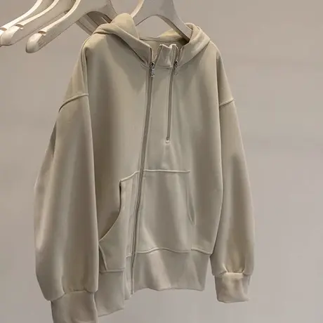 chic复古港味连帽开衫卫衣女春秋季宽松百搭显瘦纯色简约上衣外套商品大图