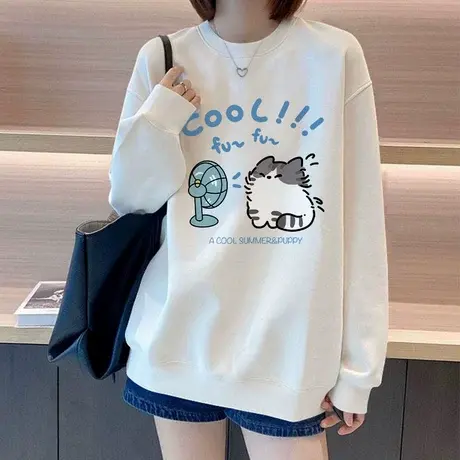 白色卡通圆领卫衣女早秋款2025新款爆款韩版休闲宽松慵懒风上衣潮商品大图