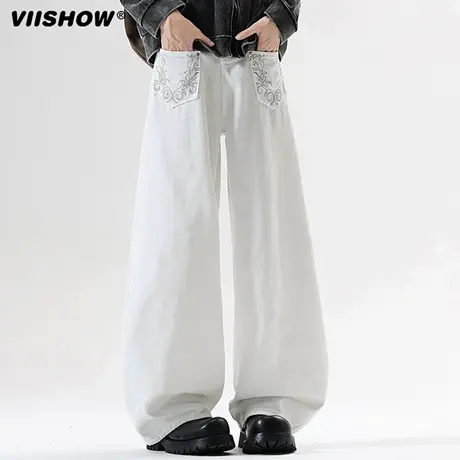 VIISHOW反穿花体刺绣牛仔裤男士秋季新款潮牌休闲裤子高街阔腿裤商品大图