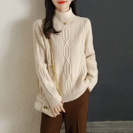 半高领毛衣女士加厚打底衫秋冬季2023新款宽松套头针织衫麻花上衣图片