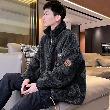 唐狮黑色摇粒绒外套男士春秋新款休闲夹克高级感痞帅男装外套潮流图片