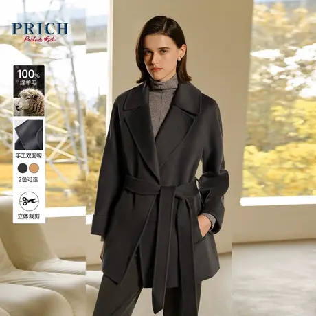 PRICH23冬新款100%绵羊毛修身腰带挺阔中长毛呢大衣女图片
