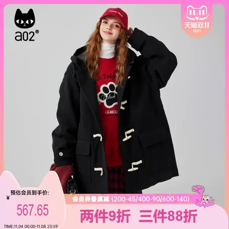 a02非正式学院2023冬季宽松毛呢少女复古感牛角扣带帽中长款大衣商品大图