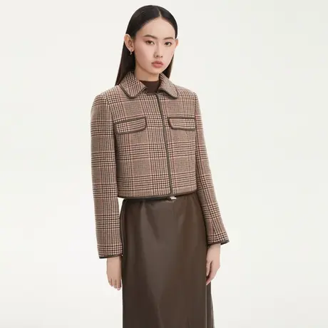 LANCY/悦朗姿秋季新款羊毛格纹短外套女小翻领设计显瘦上衣图片