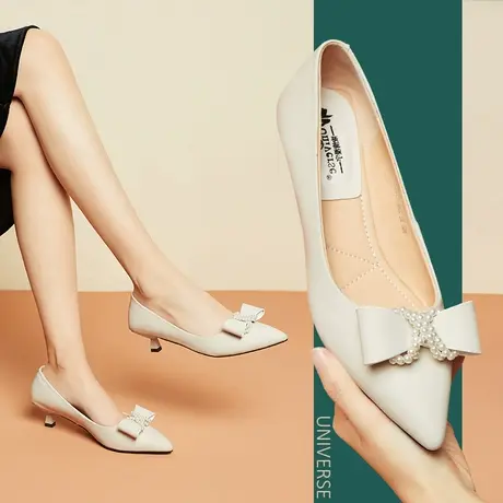 春季新品柔软真皮舒适透气软底手工蝴蝶珍珠串高跟鞋细跟女鞋图片