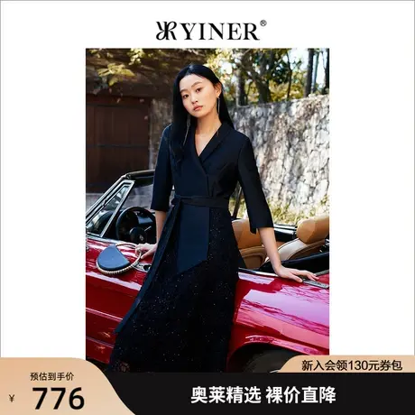 YINER音儿专柜女装2022春季新款拼接蕾丝提花系带连衣裙图片