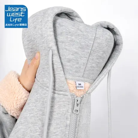真维斯LIFE灰色连帽加绒卫衣女2023新款爆款慵懒风韩系厚款外套女商品大图