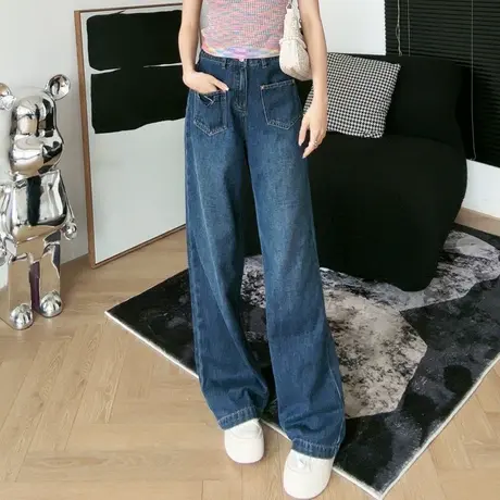尔给深蓝色复古宽松高腰潮牌直筒牛仔裤女小个子2023新款显瘦显高商品大图