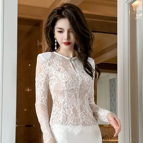 时髦百搭设计感小众镂空蕾丝打底衫性感减龄长袖高级感白色上衣女商品大图