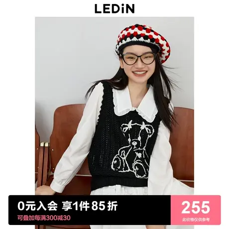 乐町新品甜美镂空针织背心女2023秋季新款女装黑色小熊叠穿马甲图片