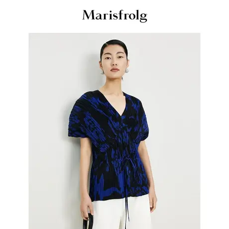 【商场同款】玛丝菲尔2023年夏季新款连身袖压褶印花时尚短袖T恤商品大图