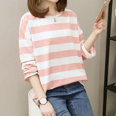 2023秋季新款女装潮mschf上衣韩版条纹网红大t恤女长袖宽松中长款商品大图