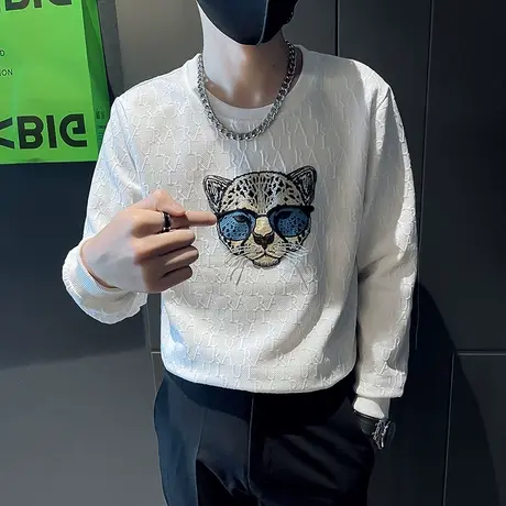 秋季休闲字母浮雕个性潮牌长袖体恤潮流打底衫ins原宿学生卫衣男商品大图