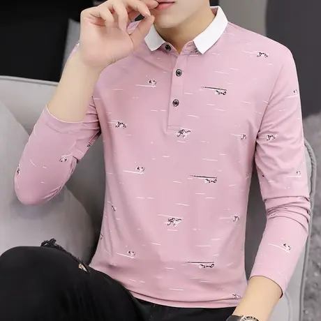 新款潮流衬衫领丅恤男长袖体恤有带领男士t恤polo衫休闲翻领秋衣商品大图