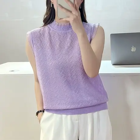 2023夏季新款韩版宽松圆领镂空蕾丝无袖套头针织衫背心毛衣薄款女商品大图
