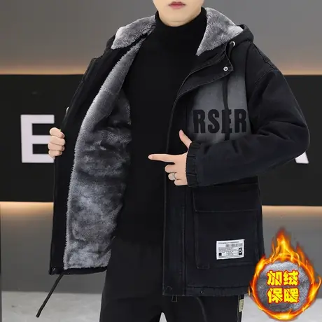 潮流中长款牛仔夹克外套男冬季休闲加绒加厚棉衣服保暖冬装派克服商品大图